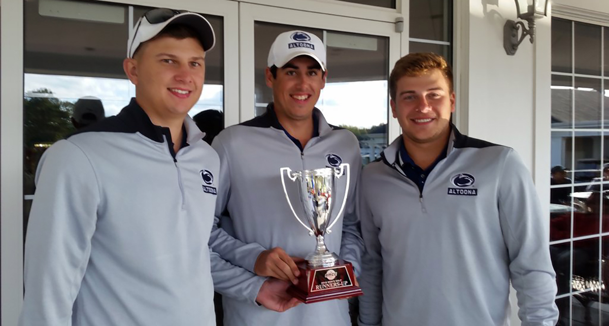 Photo (L-R): Juniors Jacob Mrvos, Jimmy Gillespie, and Luke Hoffnagle pose with the AMCC runner-up trophy after Monday's round at Avalon Lakes.