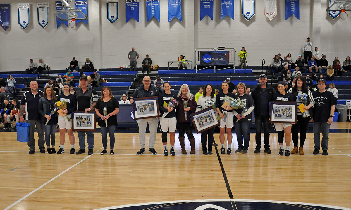 Photo (by Oliver Dailey): Penn State Altoona women's basketball recognized its four senior players before Saturday's game.