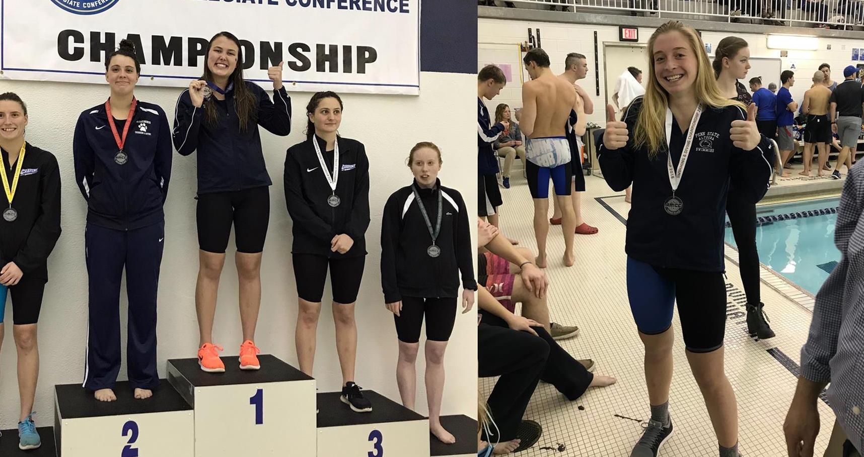 Photo: Sophomore Emily Booz (left) won the 200 Yard Backstroke on Saturday, while freshman Danielle Bye (right) was named the AMCC Newcomer of the Year.