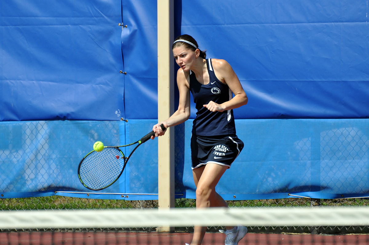 Photo: Penn State Altoona freshman Sophia Girol puts a forehand swing on the ball during Sunday afternoon's match against Pitt-Greensburg at the Leopold Tennis Courts.