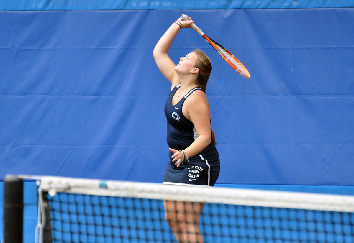 Photo: Penn State Altoona sophomore Brayley Lewis had wins in No. 2 singles and No. 2 doubles to help the Lady Lions defeat D'Youville College on Saturday.