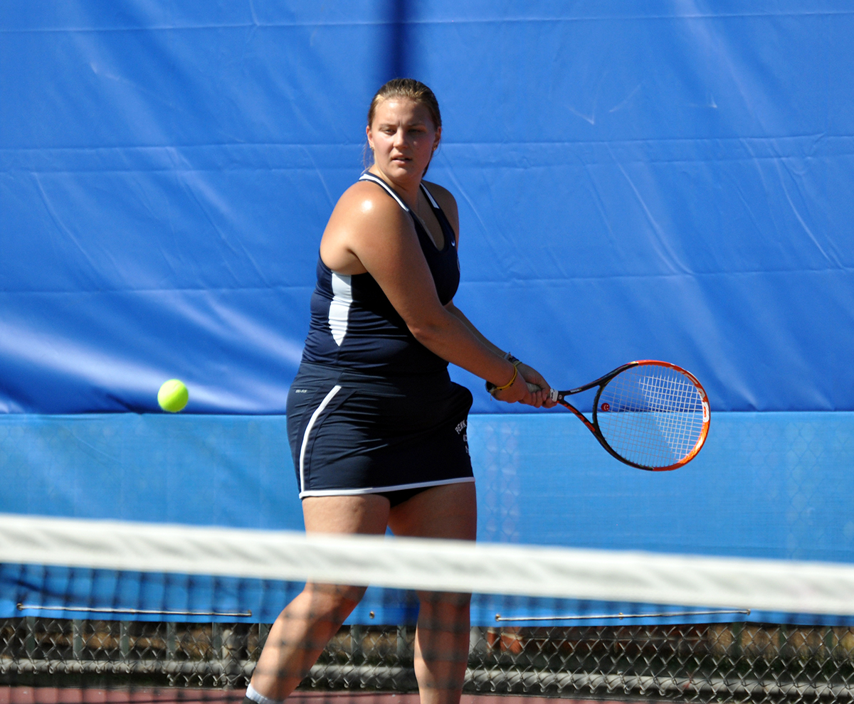 Photo: Penn State Altoona sophomore Brayley Lewis prepares to put a backhand shot on the ball during her No. 2 singles match on Saturday afternoon at the Leopold Tennis Courts.