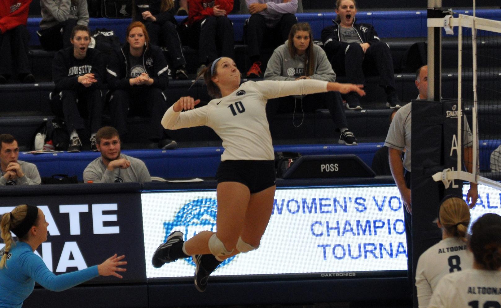 Photo (by Joel Nelson): Penn State Altoona junior outside hitter Kelsey Bristol goes up for a swing during Saturday's AMCC Tournament match against La Roche College in the Adler Arena.