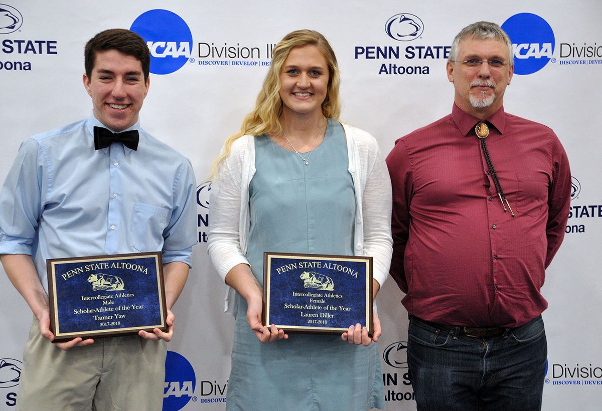 Photo: Tanner Yaw (left) and Lauren Diller (center) pose with Faculty Athletics Representative Dr. Victor Brunsden after receiving their Scholar-Athlete awards in April.
