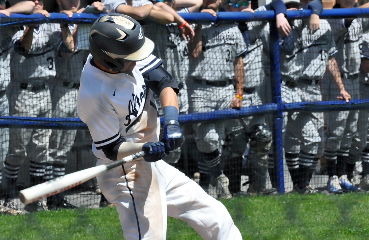 Photo (by Cory Maines): Senior second baseman Austin Anderson takes a swing during Wednesday's doubleheader at home against Mount Aloysius.