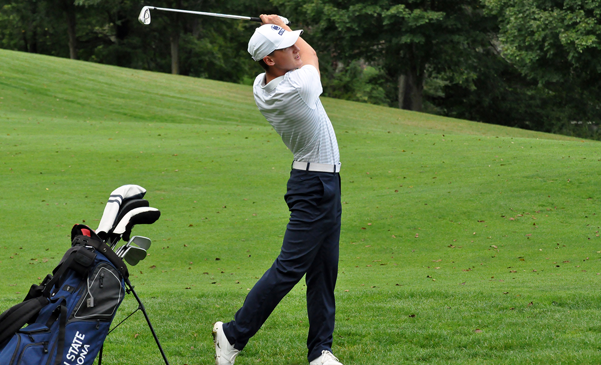Photo: Sophomore Cole Mori follows through on a swing during Thursday's round at the Grove City Fall Invitational.