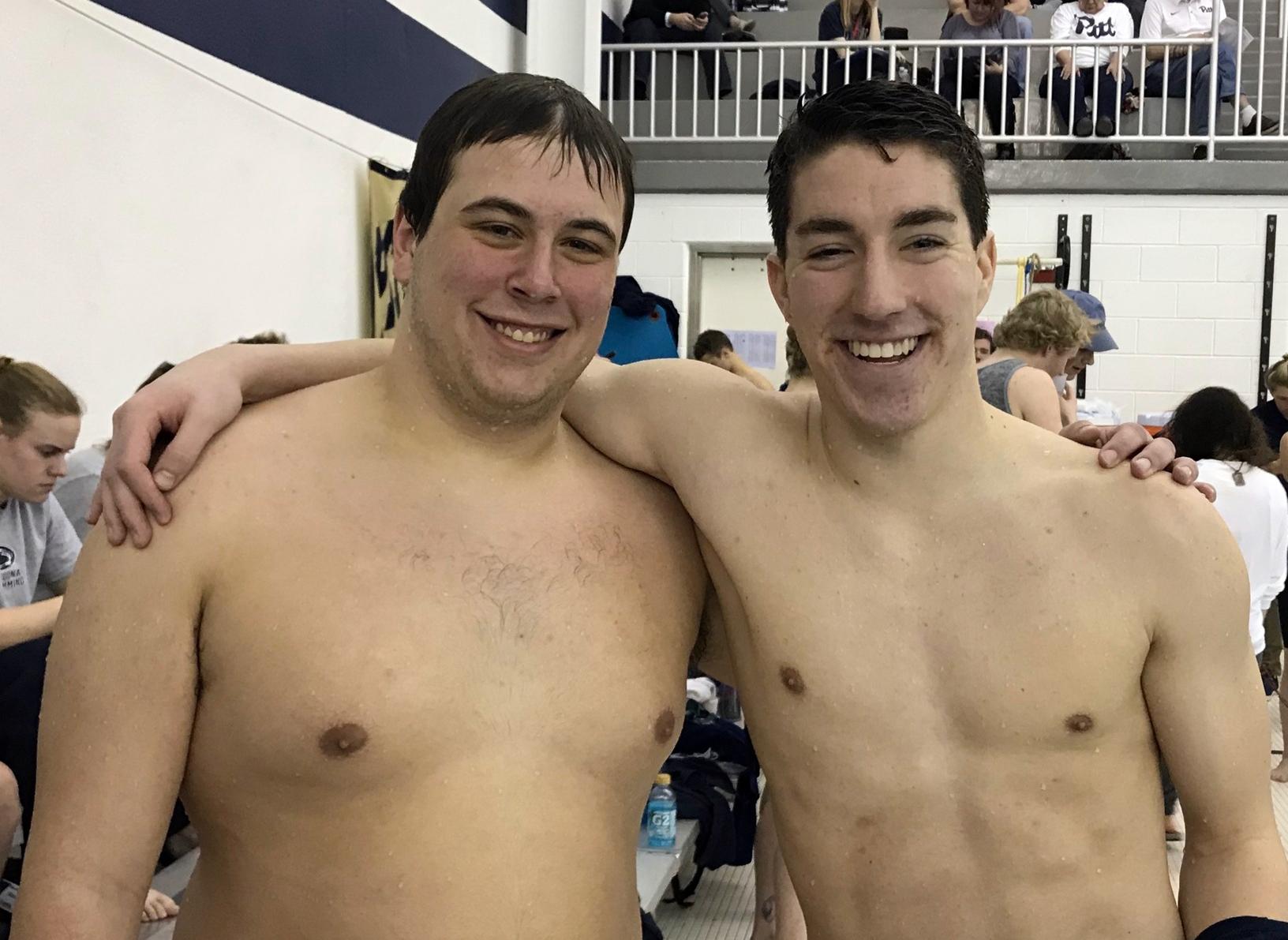 Photo: Penn State Altoona sophomores Gino Cercone (left) and Tanner Yaw (right) competed together in the 100 Yard Butterfly on Friday night.