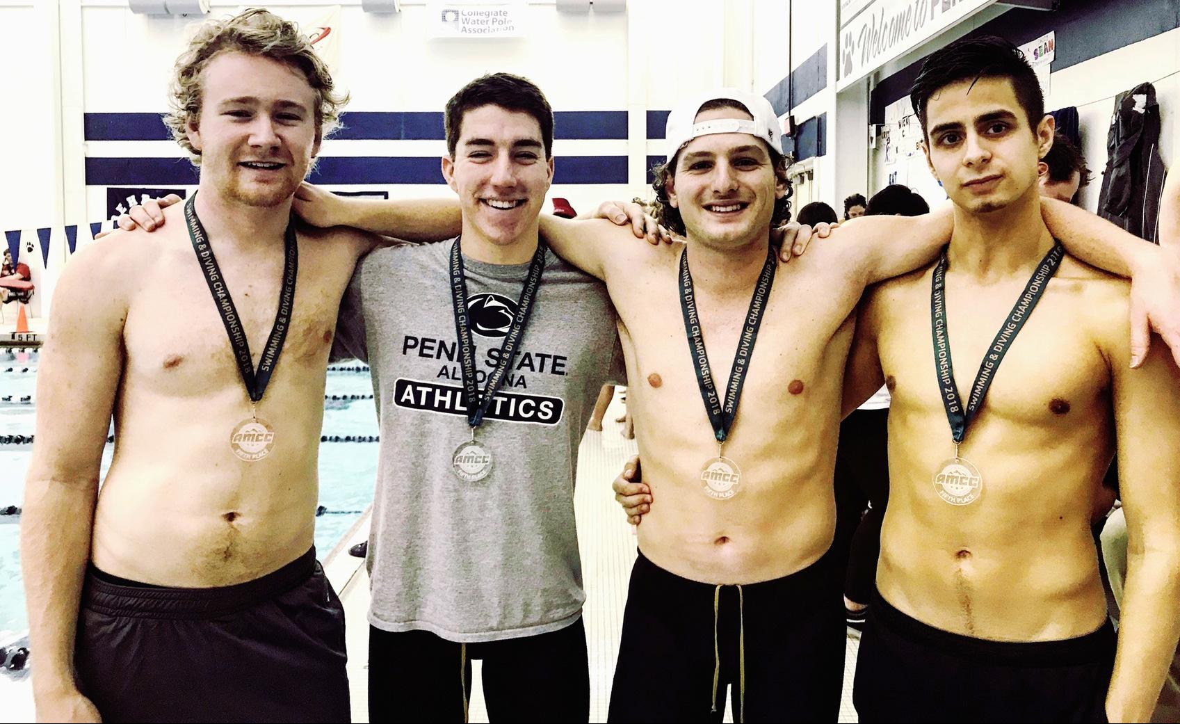 Photo (left to right): Ben McConnell, Tanner Yaw, Caleb Marasco, and Andrew Lesnett placed fifth in the 200 Yard Freestyle Relay 'A' final on Thursday at the AMCC Championships.