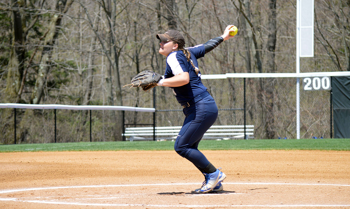 Photo: Freshman Emily Strouse pitches during Friday's AMCC Tournament game between Penn State Altoona and D'Youville.