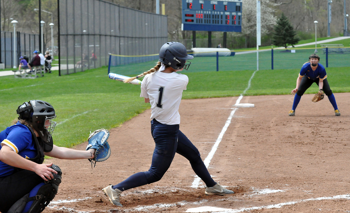 Photo (by Kerry Maines): Senior shortstop Haley Giedroc takes a swing during Tuesday's doubleheader against Hilbert College at Stewart Athletic Field.