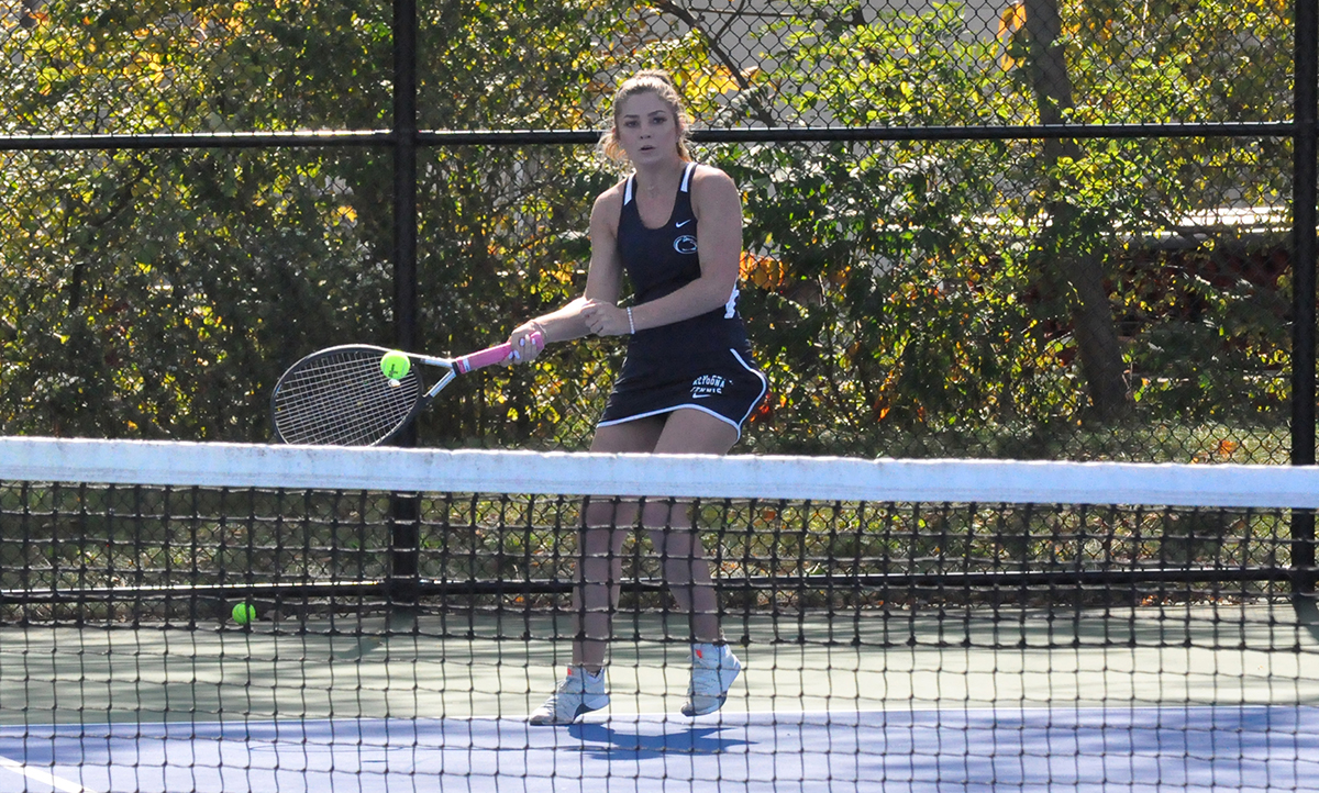 Photo: Freshman Alivia Serentia goes to the forehand during her singles match on Saturday afternoon against St. Vincent.