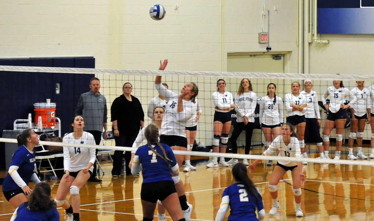 Photo (by Omer Sanchez): Senior outside hitter Lauren Diller goes up for a swing during her team's match against Hilbert on Saturday.